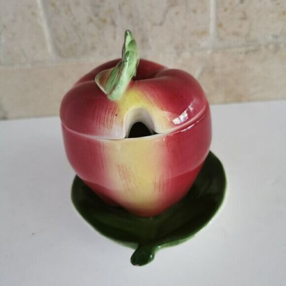 Vintage ESD Japan Apple Shaped Jam Jar Lidded Honey Pot Ceramic Lefton Leaf - Picture 2 of 8